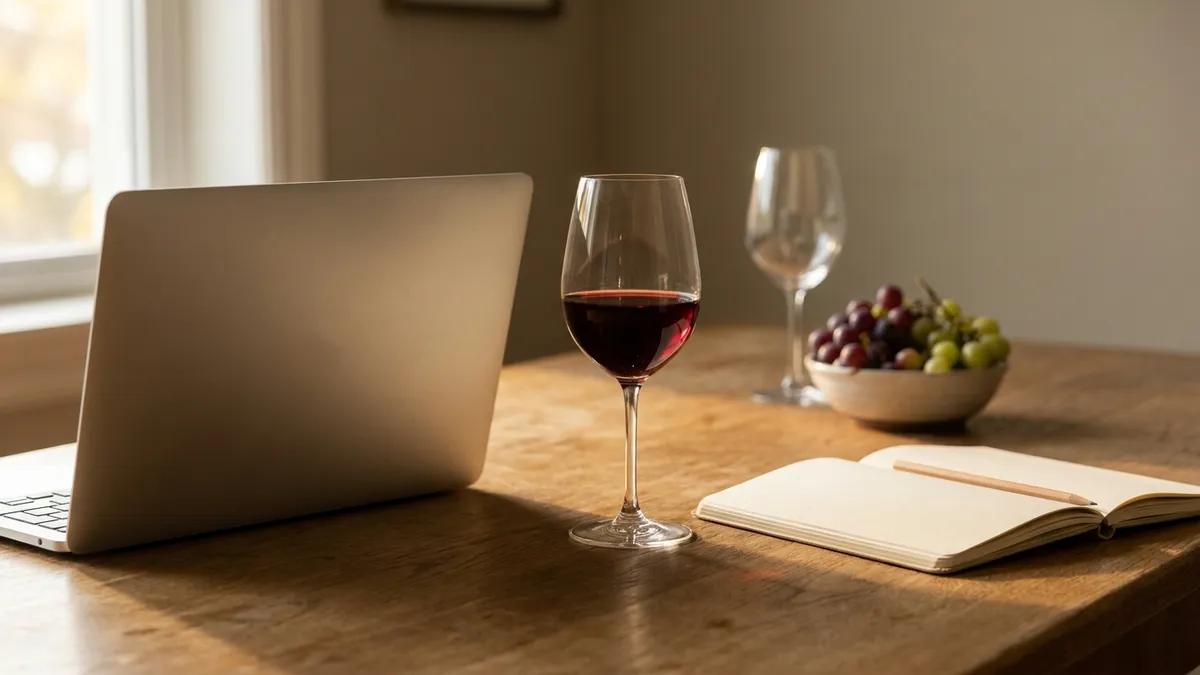A laptop, a glass of ruby red wine and an open blank notebook on an oak kitchen table in late-afternoon light
