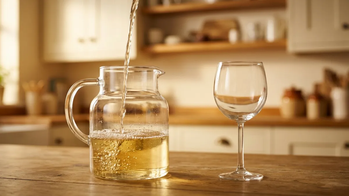 A plain glass jug on a kitchen counter being filled with pale golden white wine that splashes and froths, beside an empty wine glass