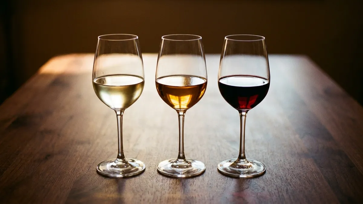 Three glasses in a row on a dark wooden table holding a pale white wine, a golden sweet wine and a ruby red wine