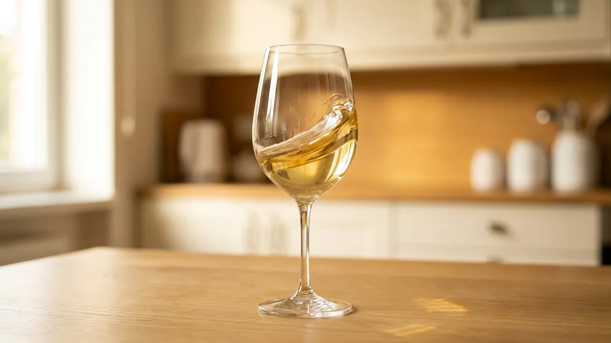 A pale golden white wine caught mid-swirl in a stemmed glass on a light oak kitchen table