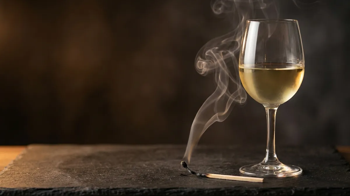 A glass of pale white wine on dark slate beside a freshly blown-out match trailing a thin ribbon of smoke