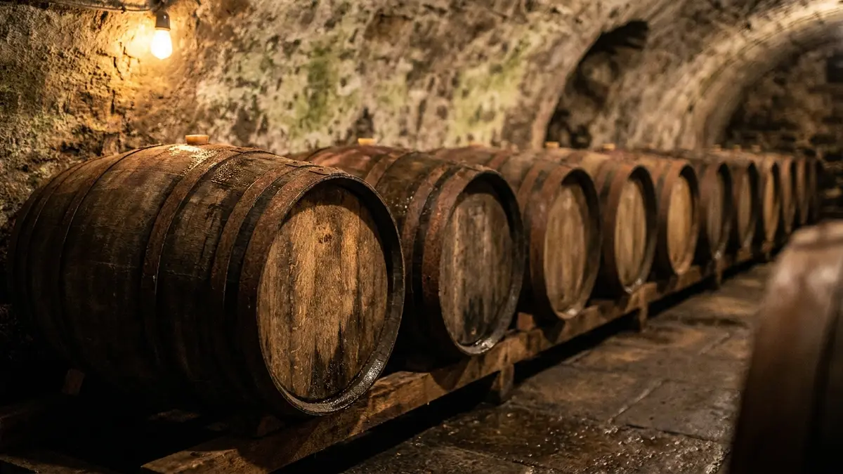 A row of dark oak barrels in a dim stone cellar lit by a single warm lamp