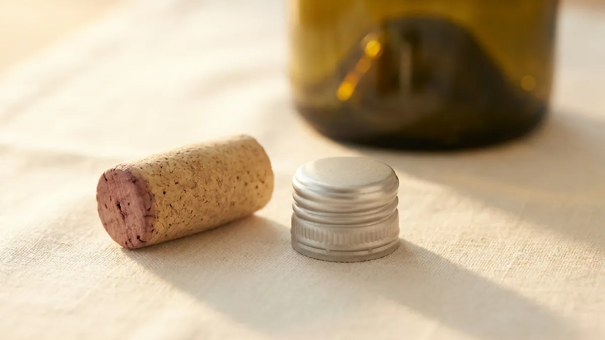 A natural cork and a plain metal screw cap side by side on pale linen