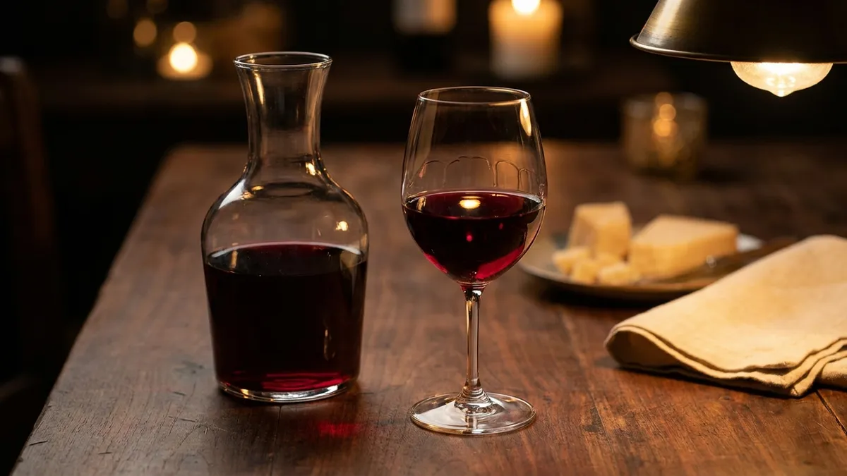 A glass carafe and a half-filled glass of ruby red wine on a dark wooden table in lamplight