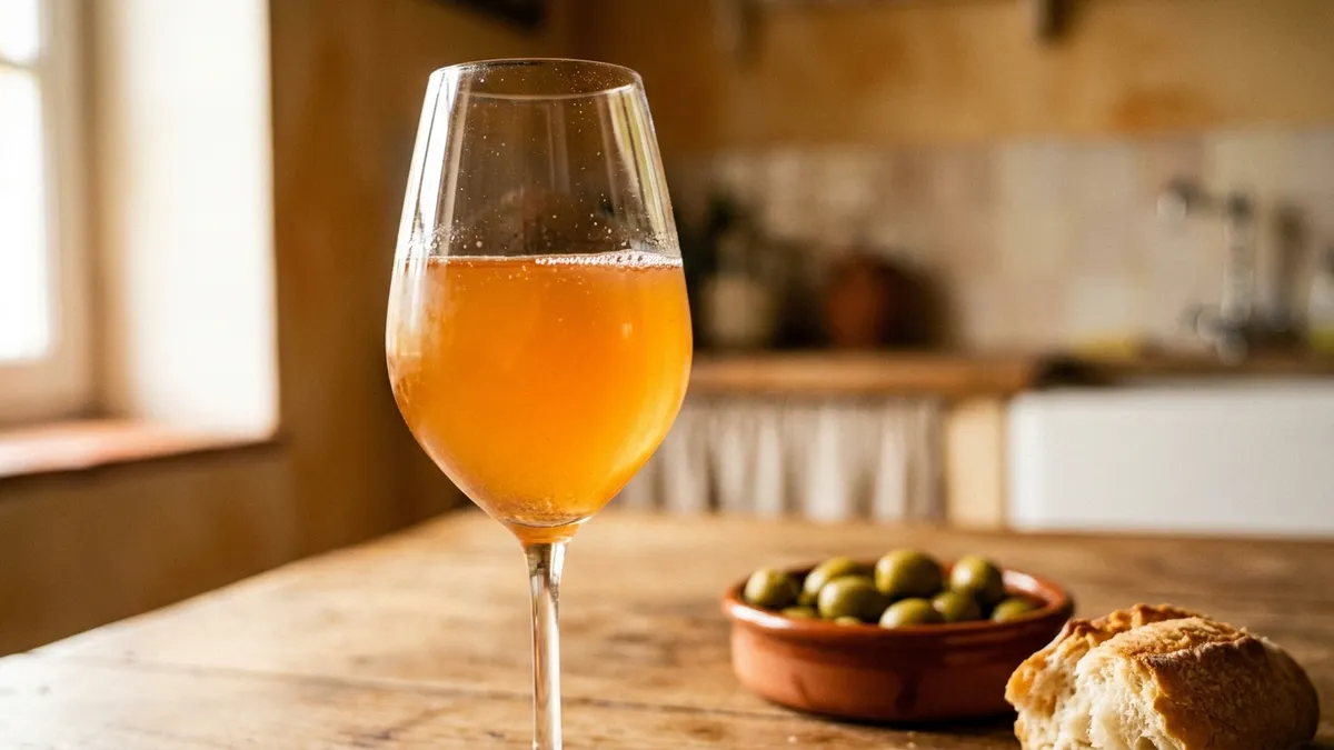 A glass of cloudy orange-amber wine beside olives and crusty bread on a rustic table