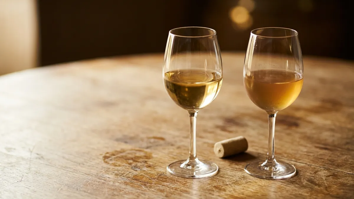 Two wine glasses on an oak table, one clear pale gold and one hazy amber, with a cork lying between them