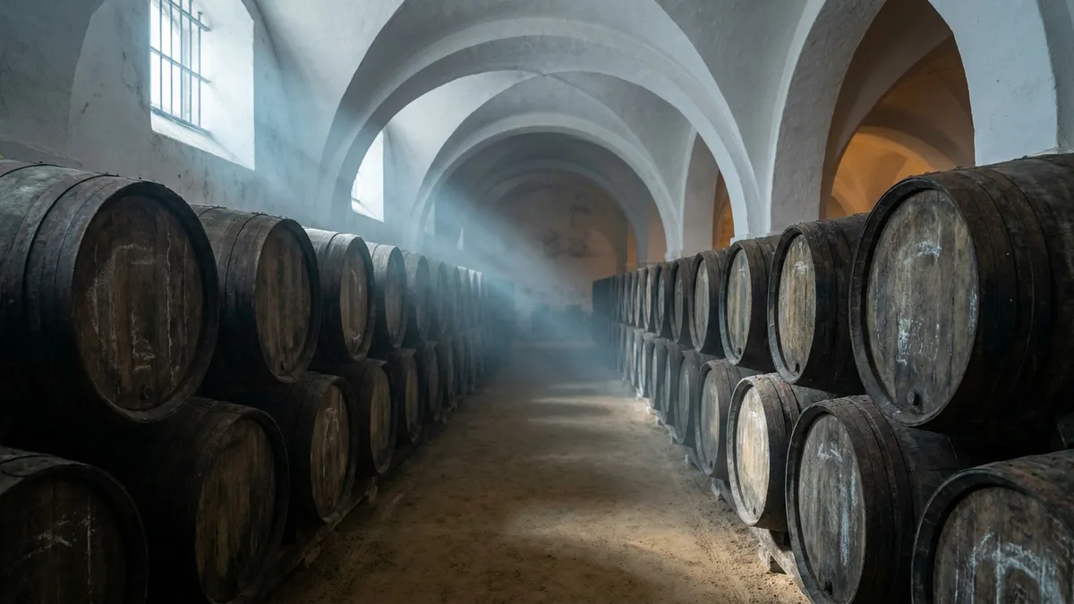 A dim cellar with long rows of dark oak casks stacked on their sides, cool light falling across the barrel heads