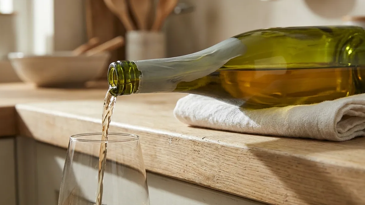 Pale white wine pouring slowly from a green bottle resting on a folded linen cloth into a clean glass on a kitchen counter, soft window light
