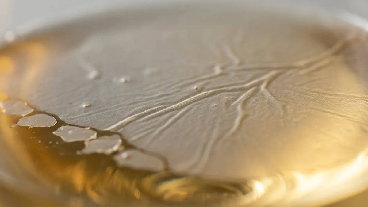 A thin, wrinkled, greyish-white skin floating on the surface of pale golden wine inside a glass jar, lit softly from the side
