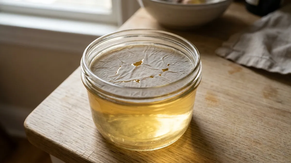 A thin, matte, greyish-white film floating on the surface of pale wine in an open glass jar, seen from above in soft side light
