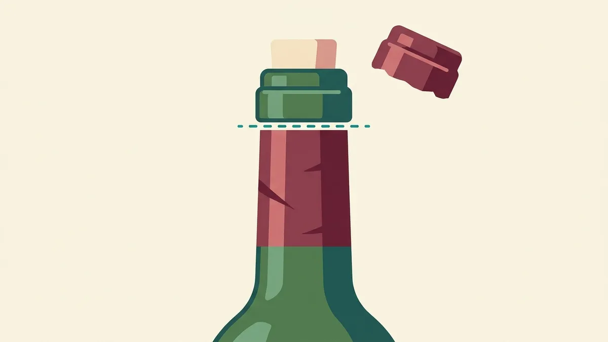 A flat illustration of a bottle neck with a dashed cut line just below the raised glass lip, bare glass above it and the removed foil cap floating to the side