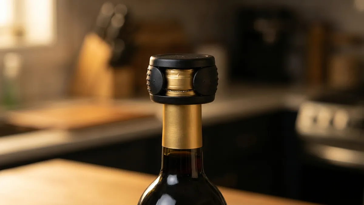 A small round black foil cutter clamped over the gold-foiled top of a dark wine bottle on a kitchen counter