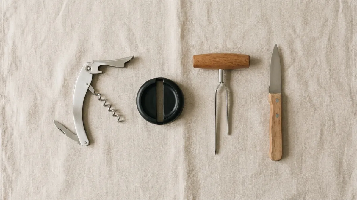 Four plain wine-opening tools in a row on linen: a waiter's corkscrew, a round foil cutter, a two-pronged Ah-So cork puller and a paring knife