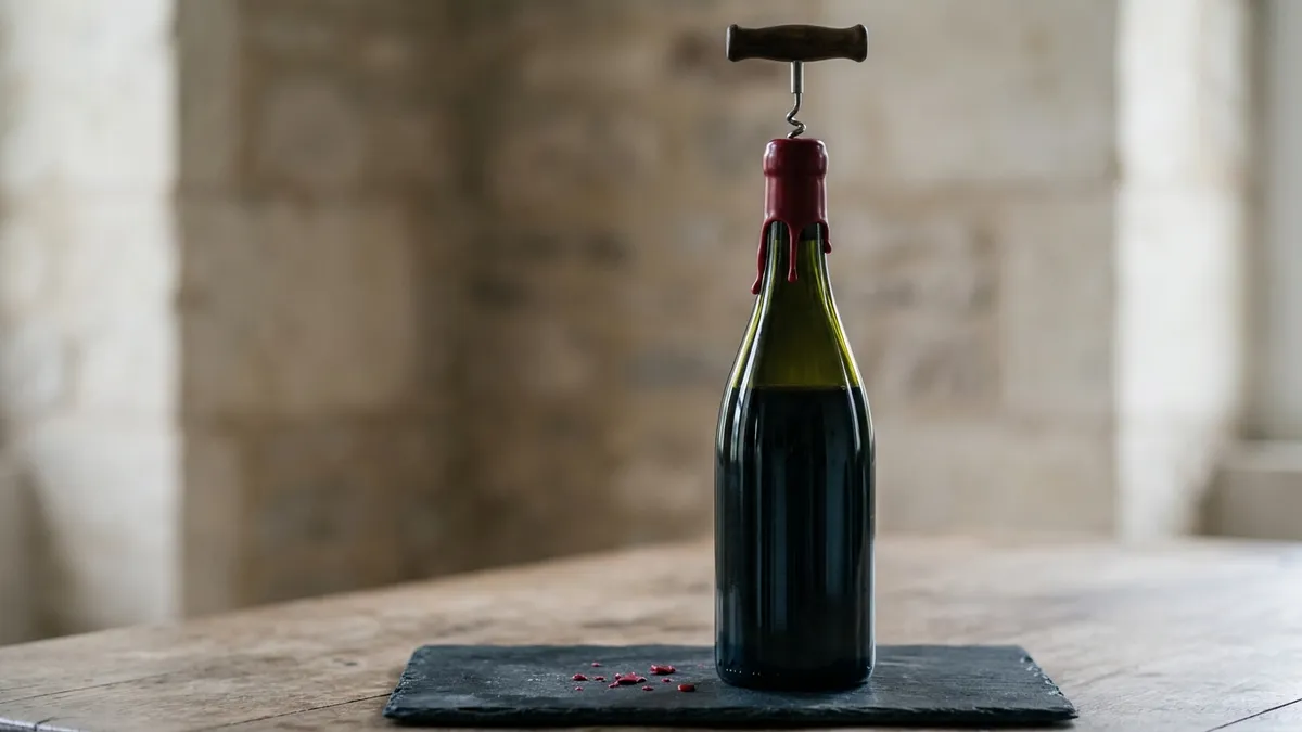 An upright wine bottle sealed with red wax, a T-handle corkscrew driven straight through the wax and a few wax crumbs on the slate below