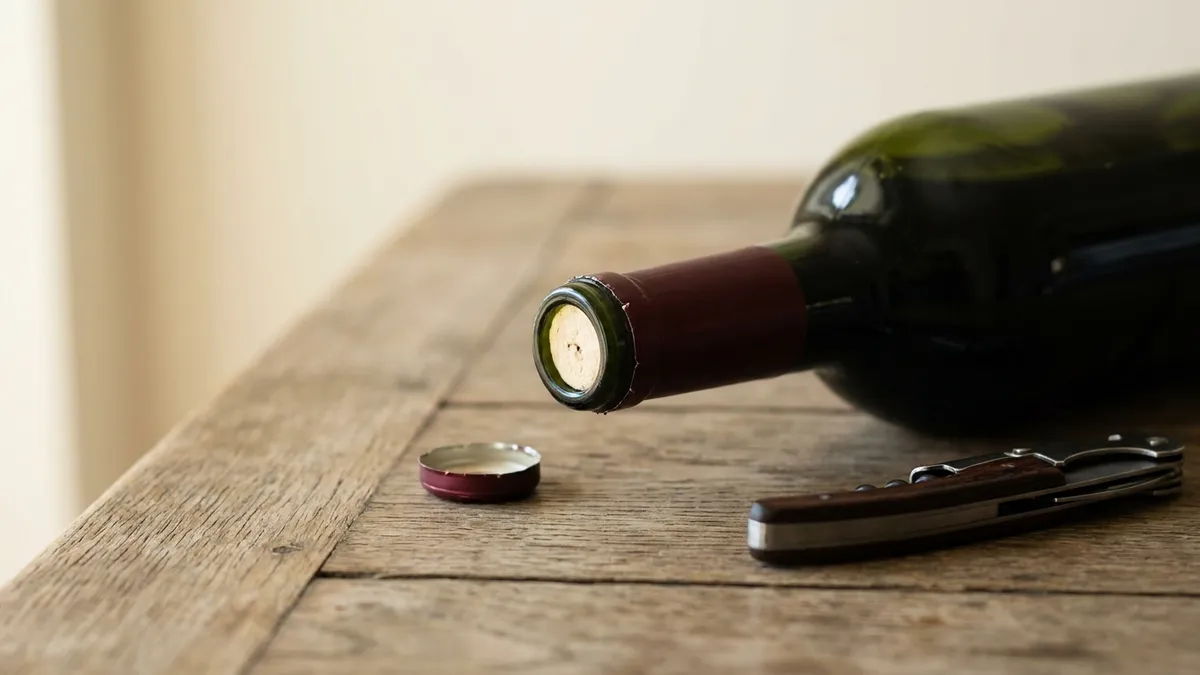 A dark wine bottle lying on an oak table with the top of its burgundy foil cut away to show the cork, the small foil disc and a folded waiter's corkscrew beside it