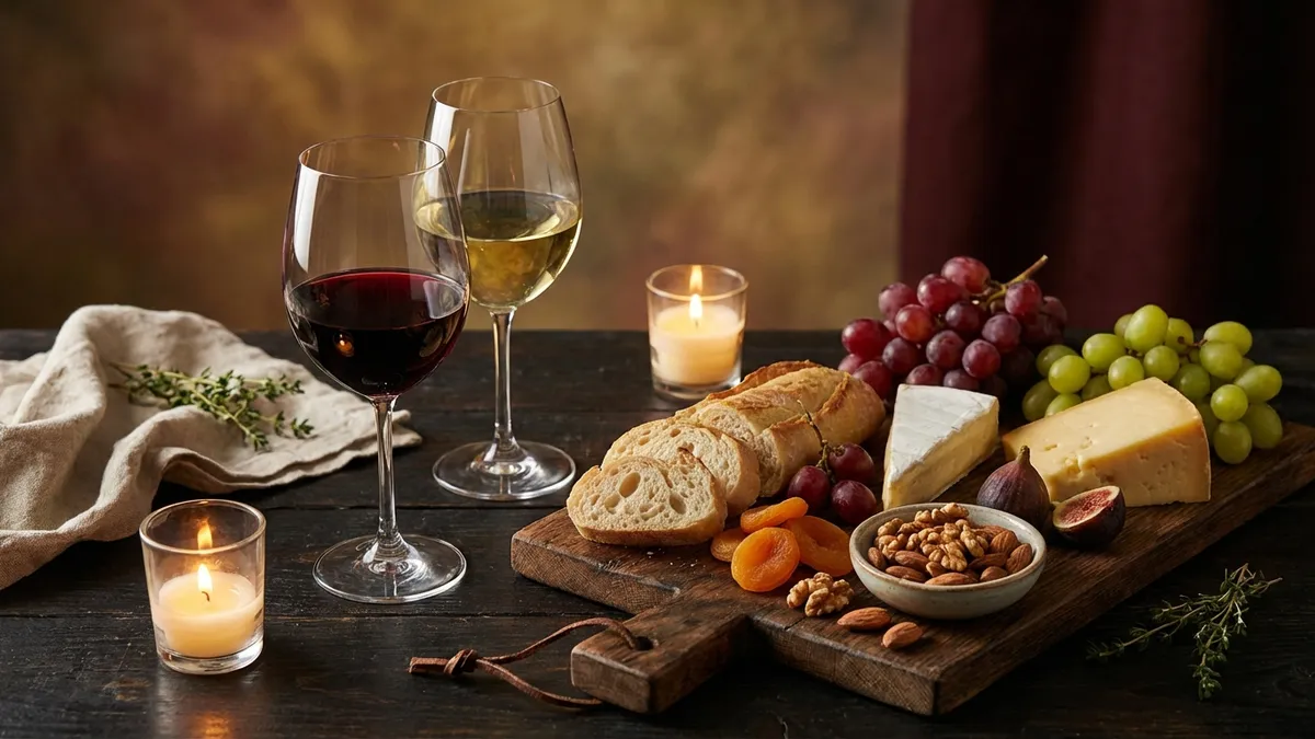 Elegant dinner table with red and white wine glasses alongside an artisanal cheese board, bread, and grapes in warm candlelight