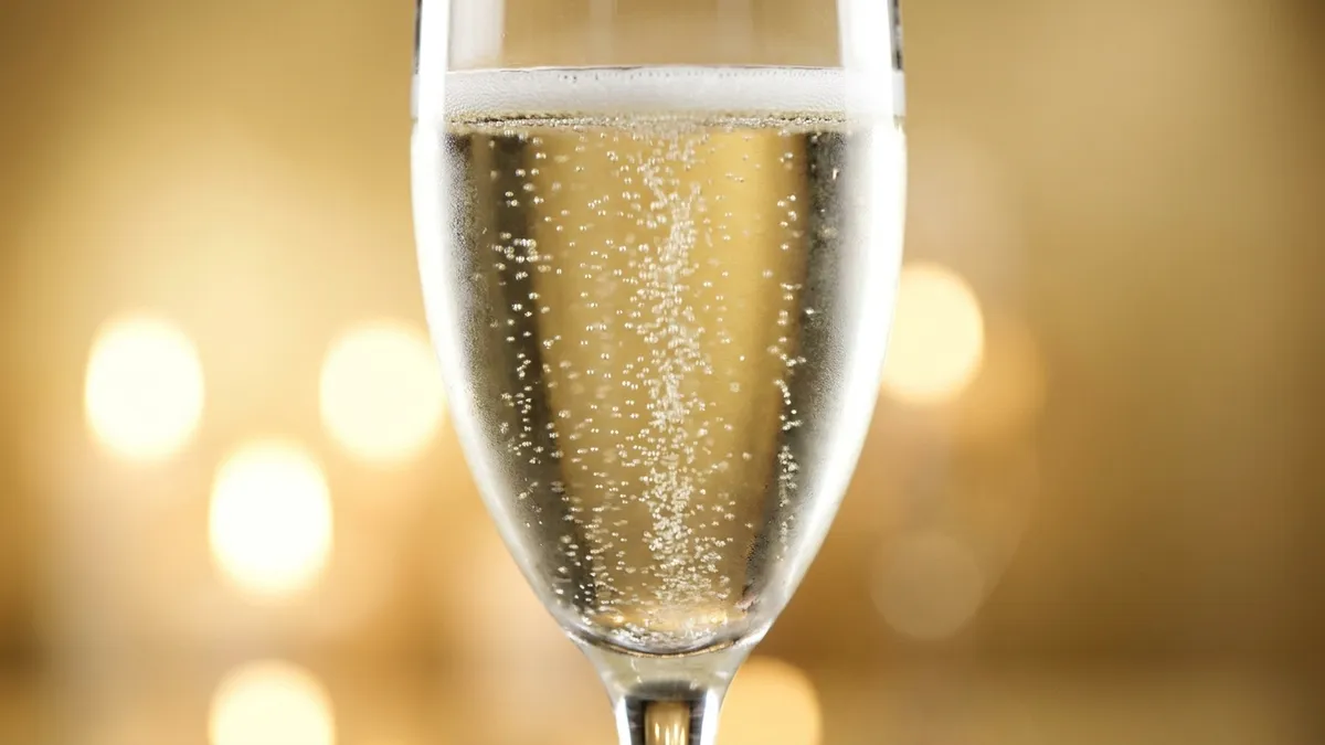 Fine streams of tiny bubbles rising in a flute of pale straw sparkling wine