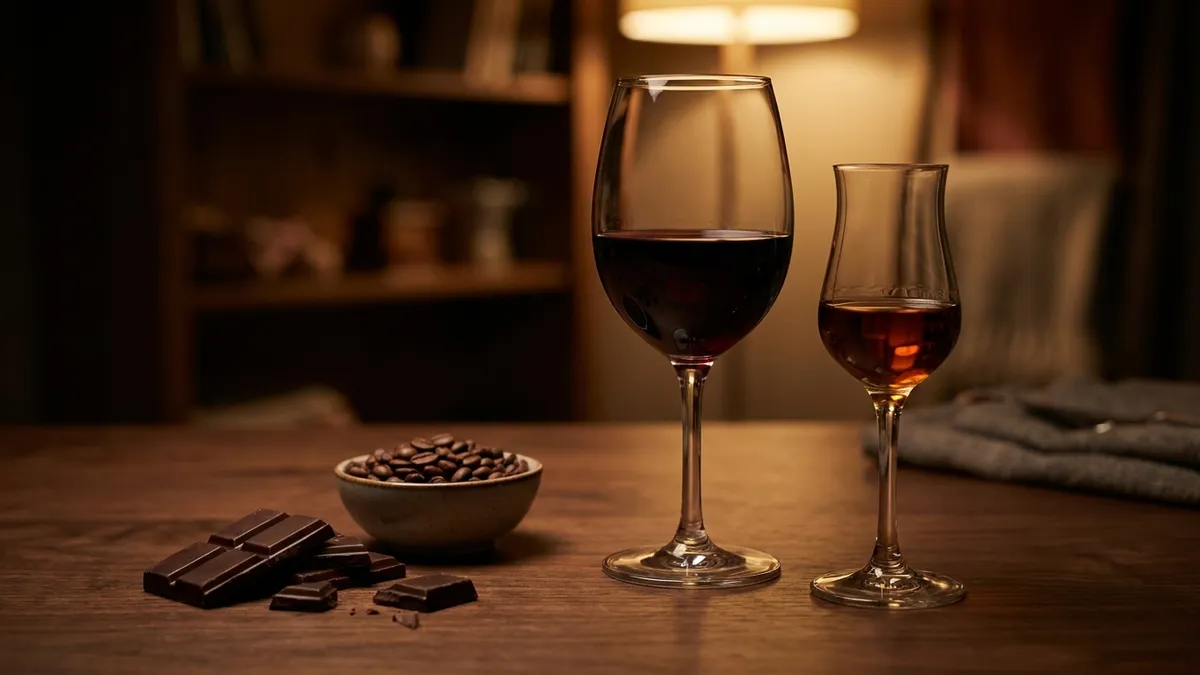 A glass of deep ruby red wine and a small glass of tawny wine beside dark chocolate and roasted coffee beans