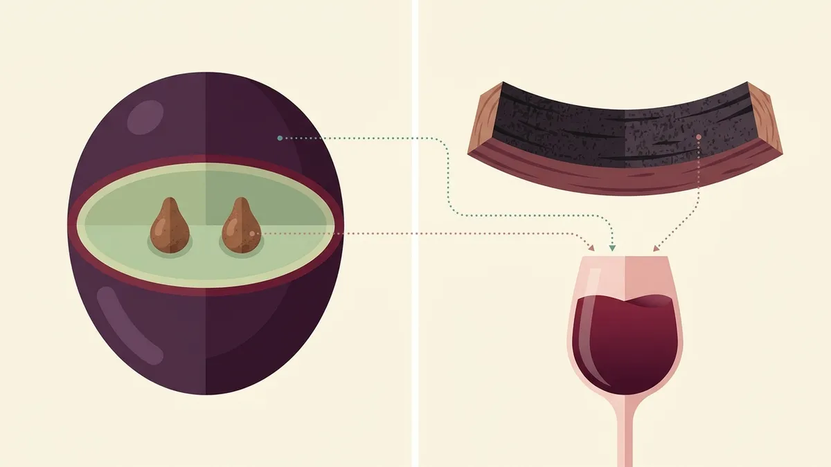 A halved dark grape showing skin and seeds beside a charred oak barrel stave and a glass of red wine