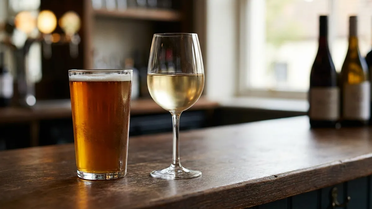 A pint of amber beer beside a stemmed glass of pale white wine on a wooden bar counter in warm afternoon light