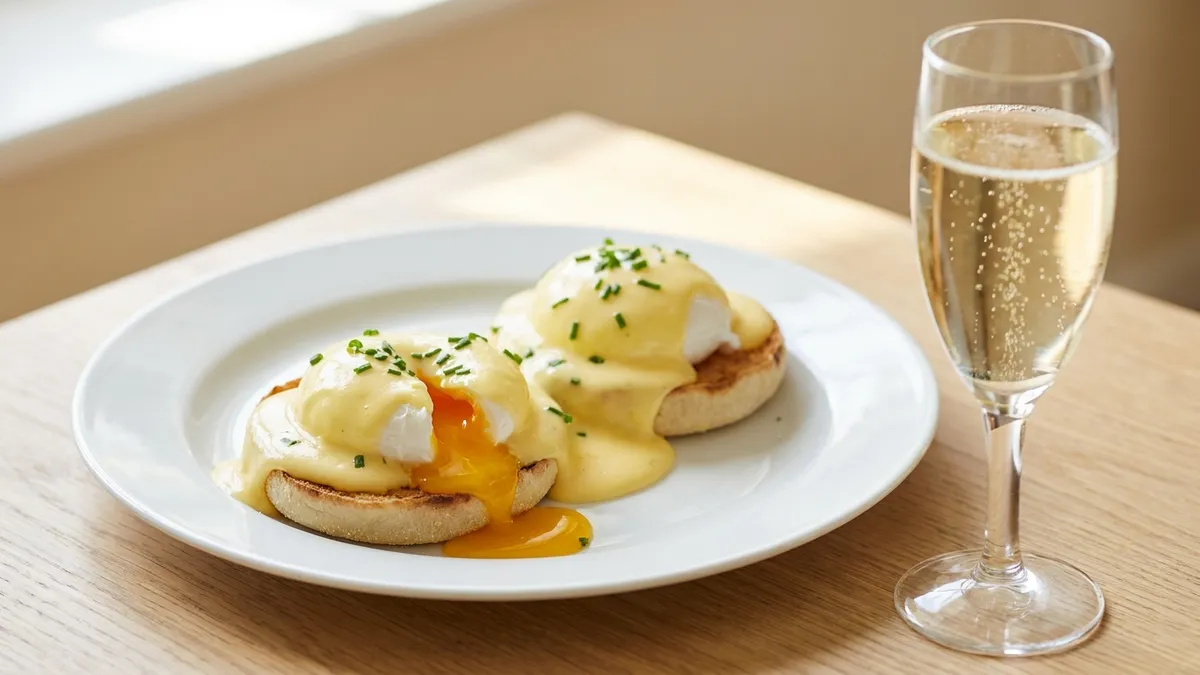 Eggs benedict with a broken golden yolk and hollandaise beside a flute of pale gold sparkling wine