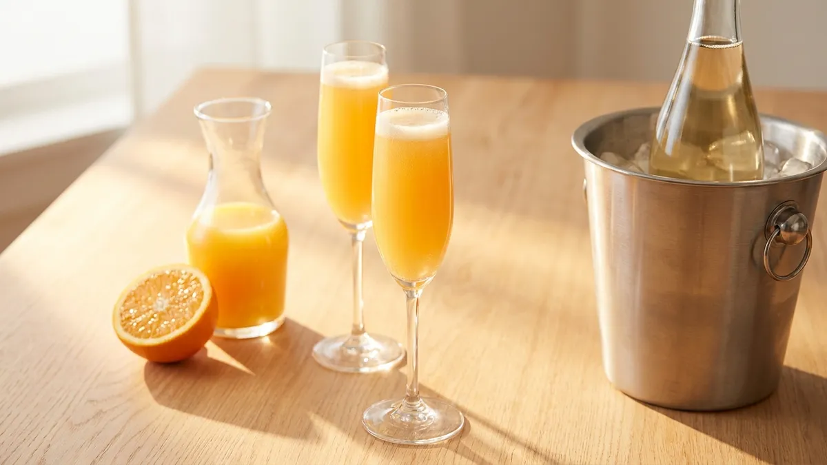 Two mimosas in flutes beside a carafe of orange juice, a halved orange and a sparkling wine bottle in an ice bucket