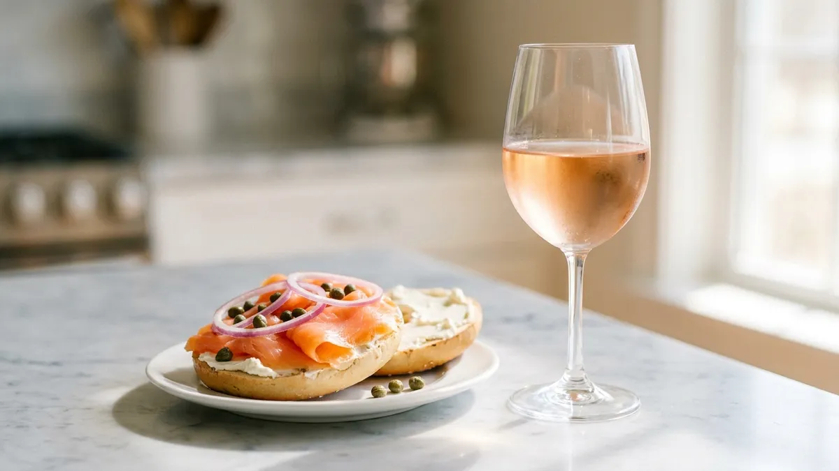 A smoked salmon bagel with cream cheese and capers beside a glass of pale dry rosé on a marble counter