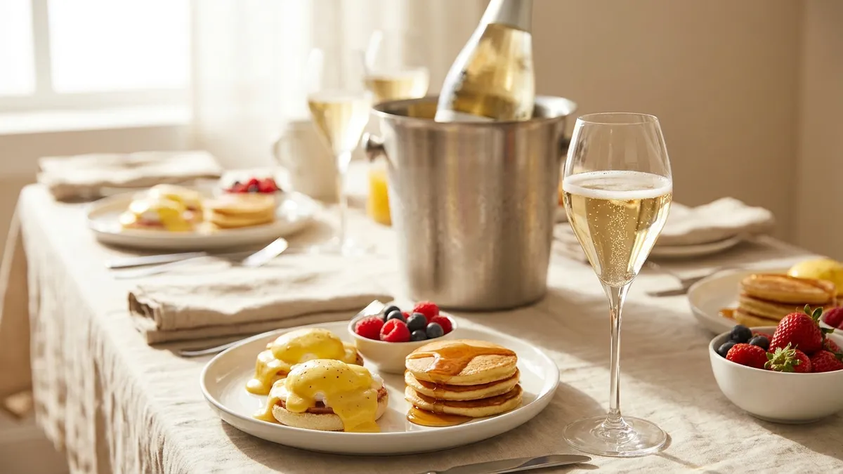 A brunch table in morning light with a glass of sparkling wine, eggs benedict, pancakes with syrup and a bottle in an ice bucket