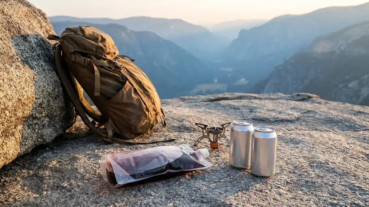 A collapsible pouch of red wine and two aluminum wine cans beside a backpack and a folded stove on a granite rock above a mountain valley