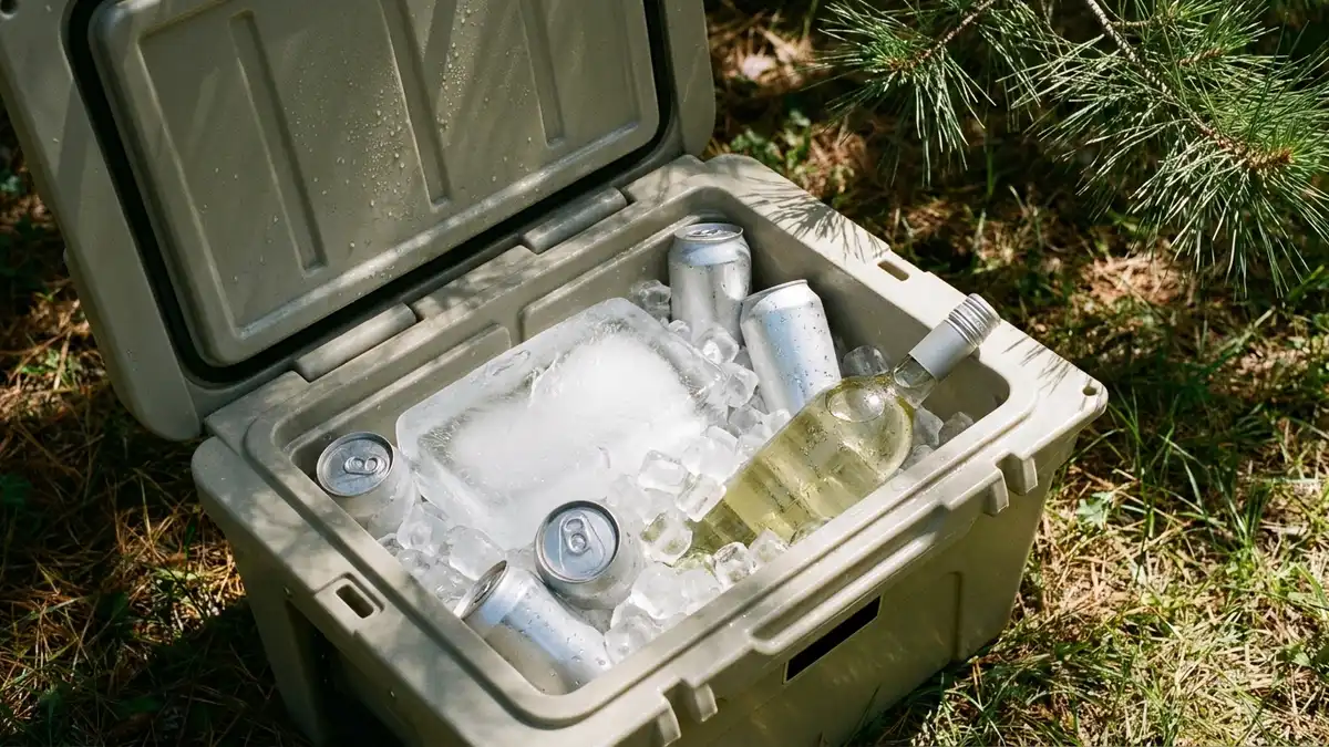 Plain wine cans and a screw-cap bottle in an open camping cooler packed with a block of ice and loose cubes, in the shade of a pine