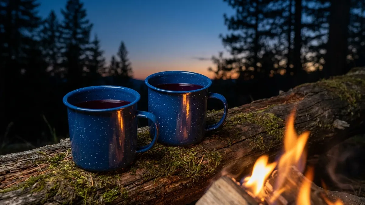 Two enamel camping mugs of red wine resting on a log beside a small campfire at dusk