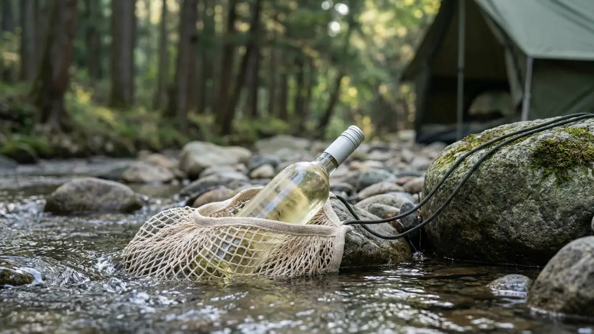 A screw-cap bottle of white wine in a mesh bag resting in a clear, shallow mountain stream, with a cord tied to a rock on the bank