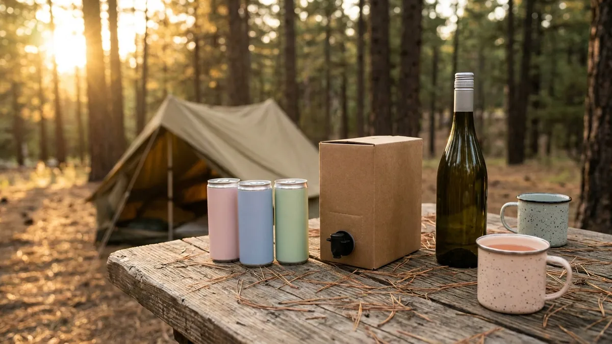 Wine cans, a small wine box, a screw-cap bottle and enamel mugs on a wooden camp table in front of a tent at golden hour