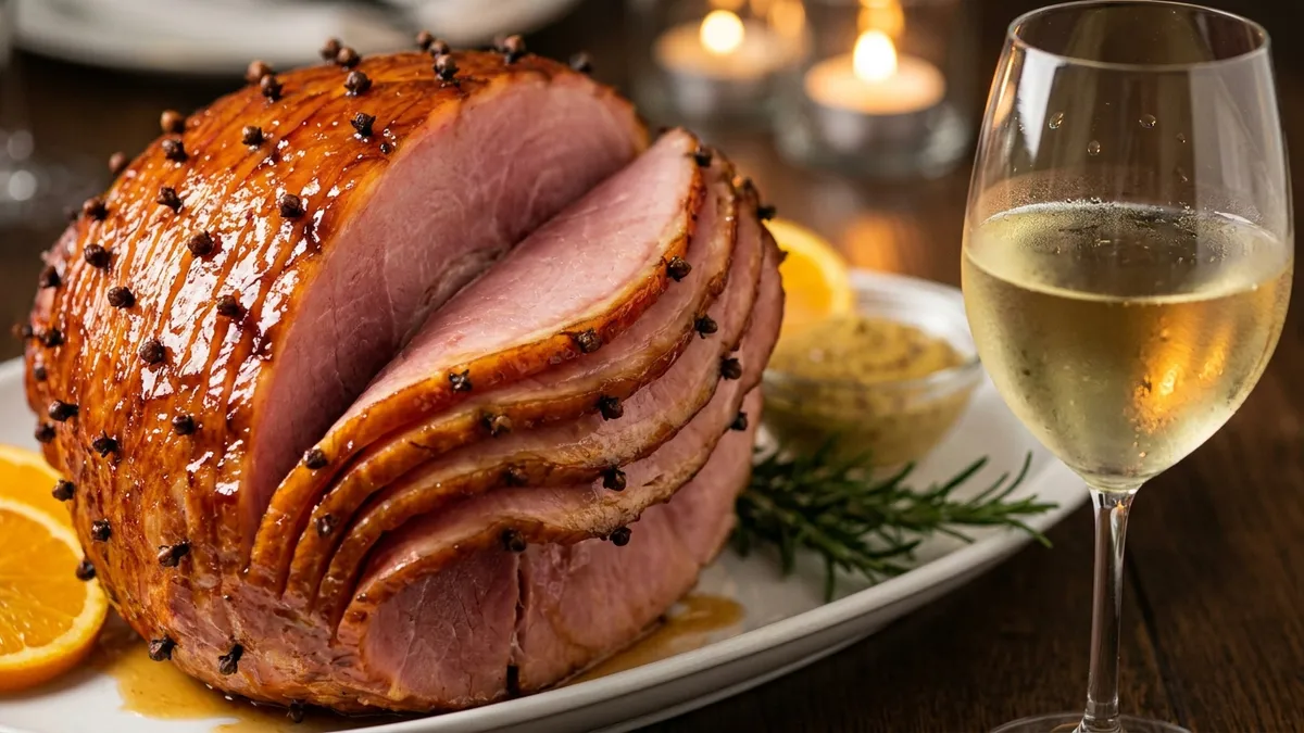 A honey-glazed Christmas ham on a platter with a chilled glass of pale gold white wine