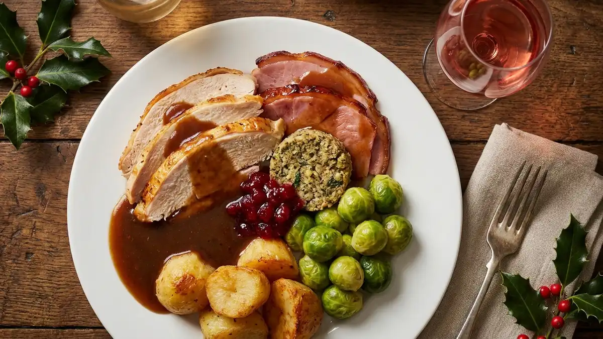 A Christmas dinner plate with turkey, glazed ham, stuffing, gravy, cranberry sauce and sprouts beside a glass of light red wine