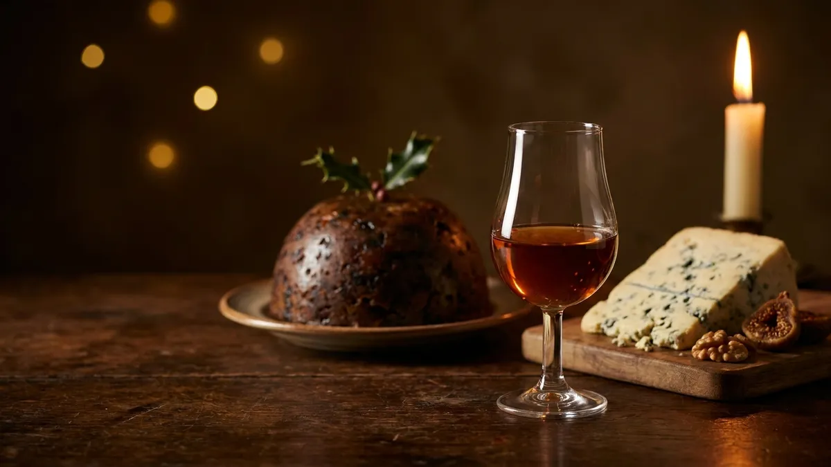 A glass of tawny Port beside a Christmas pudding and a wedge of Stilton with walnuts and figs