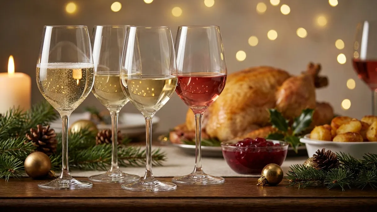 Glasses of sparkling, white and light red wine in front of a roast turkey and cranberry sauce on a candlelit Christmas table