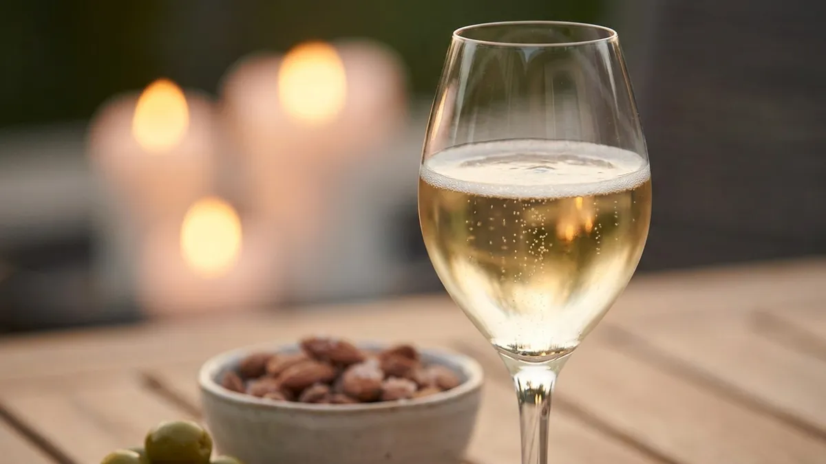 A tulip-shaped glass of pale gold sparkling wine with fine bubbles rising, beside salted almonds and olives in candlelight