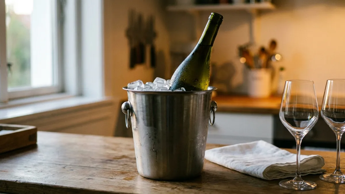 A wine bottle with condensation chilling in a steel ice bucket beside two stemmed glasses on a kitchen counter