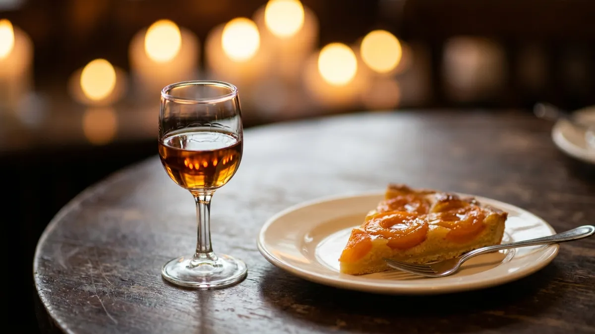 A small glass of golden dessert wine beside a slice of apricot fruit tart on a cream plate in candlelight