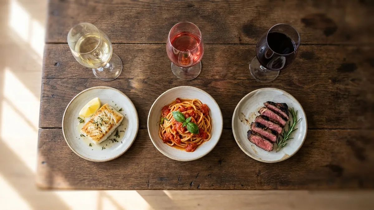 Three small plates of white fish, tomato pasta and sliced steak, with glasses of white, pale rosé and deep red wine above them
