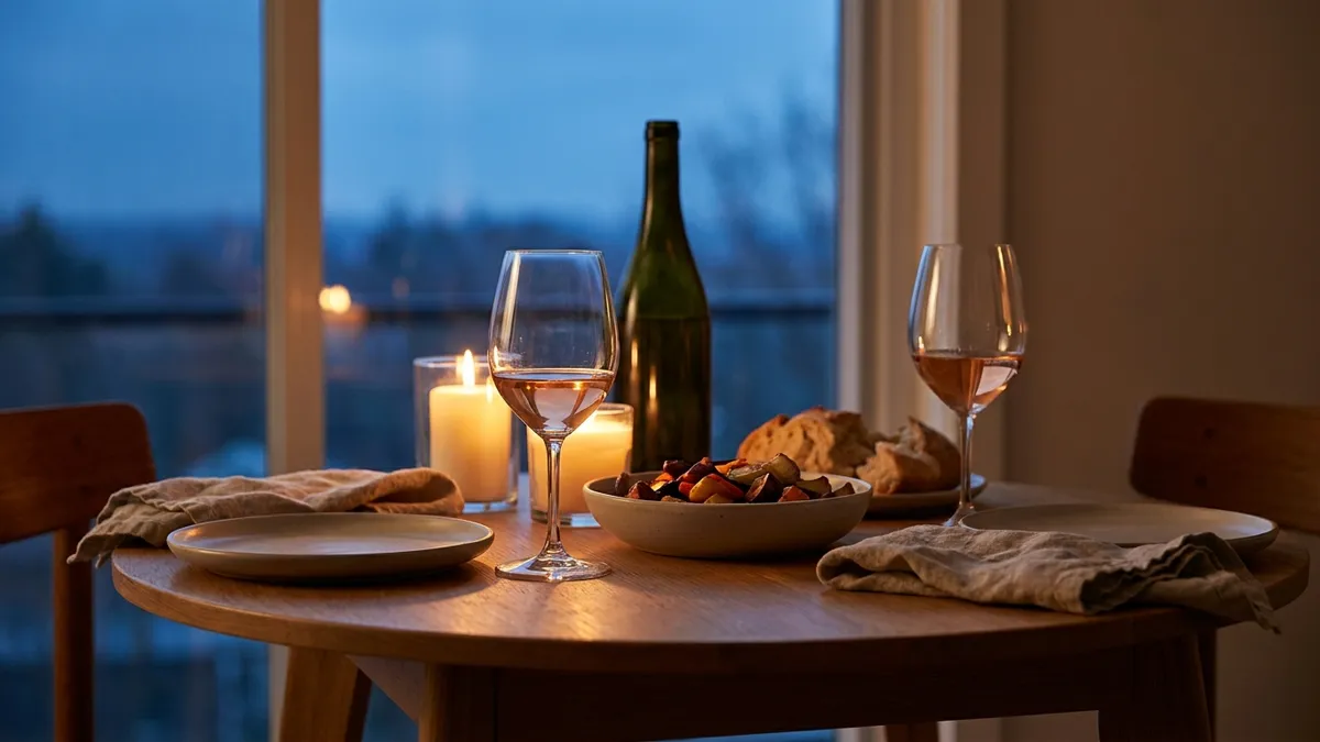 A candlelit table for two with two glasses of pale pink rosé and an unlabelled bottle in the background