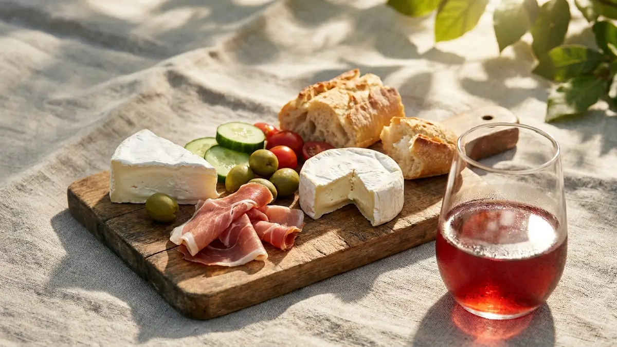 A small wooden board of soft white-rind cheeses, cured ham, baguette, olives and cherry tomatoes beside a glass of chilled light red wine