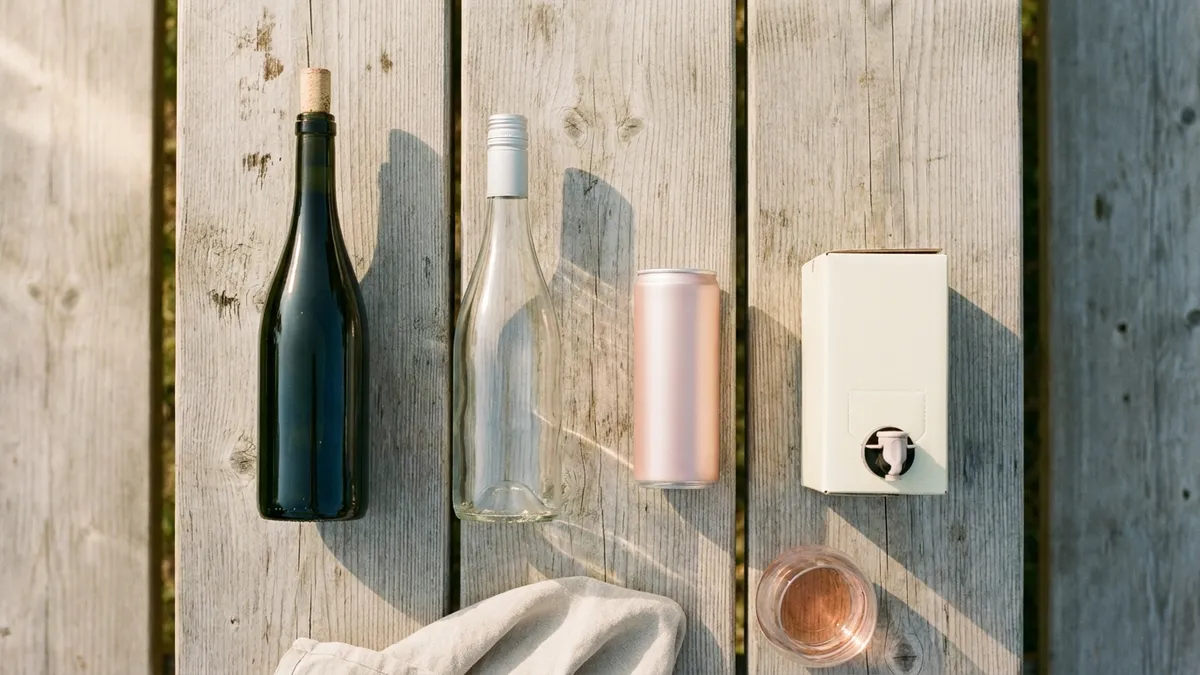 Four wine containers side by side on a wooden picnic table: a corked bottle, a screw-cap bottle, a can and a small wine box with a tap