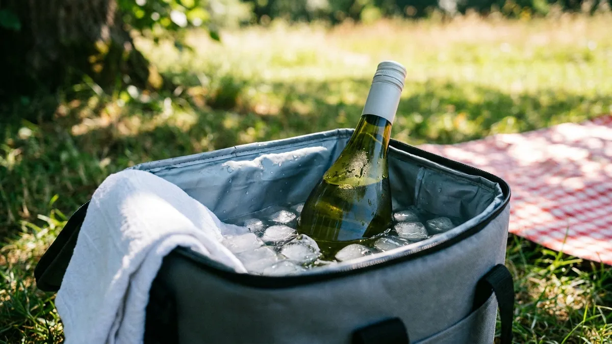 A screw-cap wine bottle sunk to its shoulders in ice and water inside a soft cooler bag on the grass in the shade