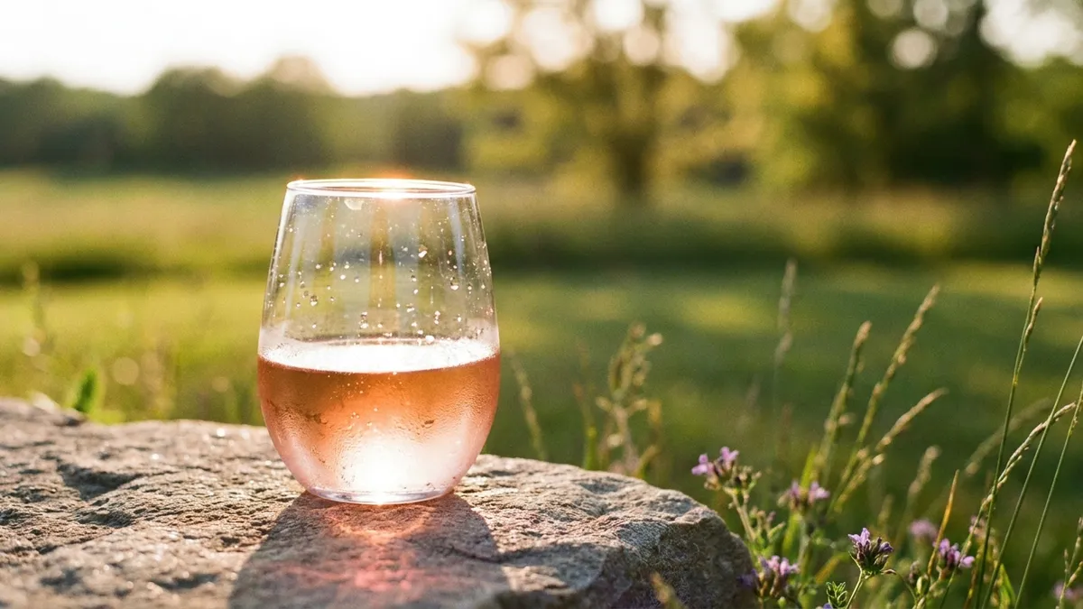 A single stemless glass of pale salmon-pink rosé backlit by warm afternoon sun on a flat rock at the edge of a meadow