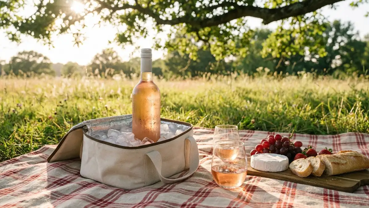 An unlabeled screw-cap bottle of pale rosé chilling in an ice-filled insulated tote on a checkered picnic blanket, with two glasses and a cheese board in dappled afternoon light