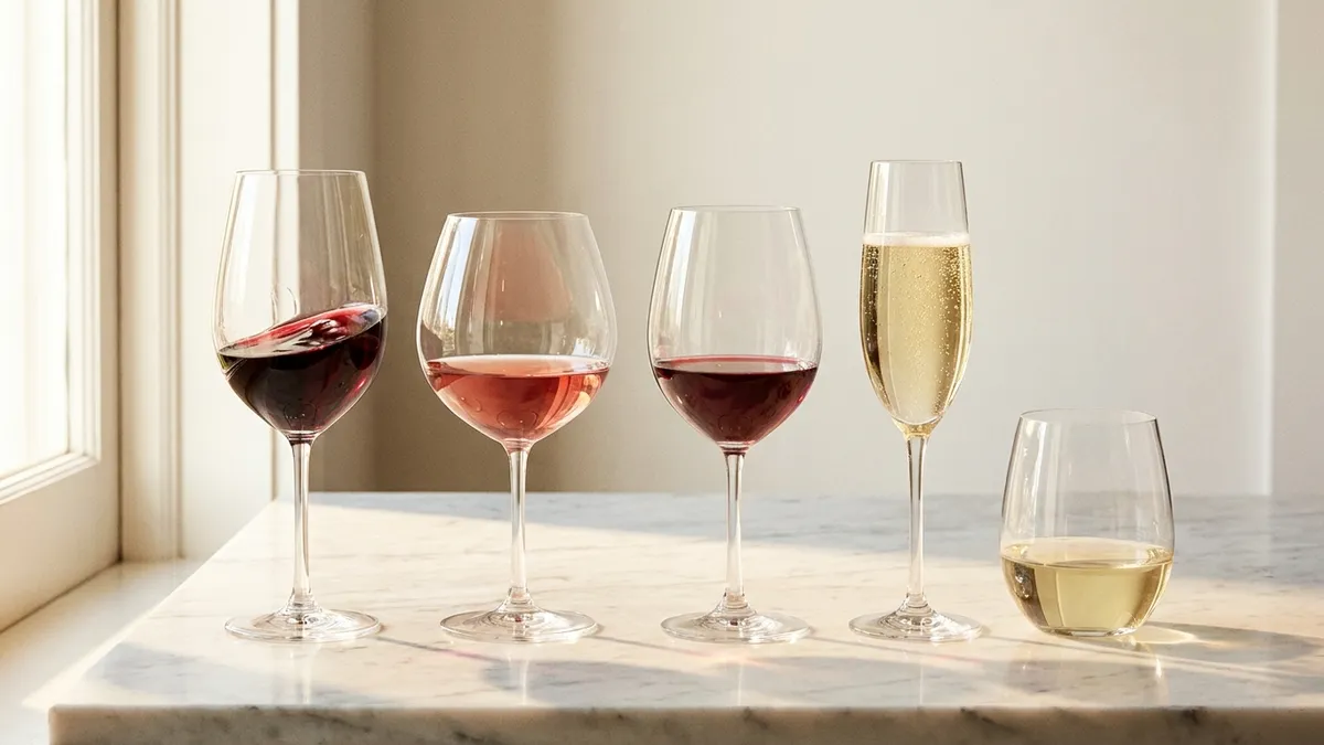 A row of different wine glass types — Bordeaux, Burgundy, white wine tulip, sparkling tulip, and stemless — arranged on a wooden table with soft natural light