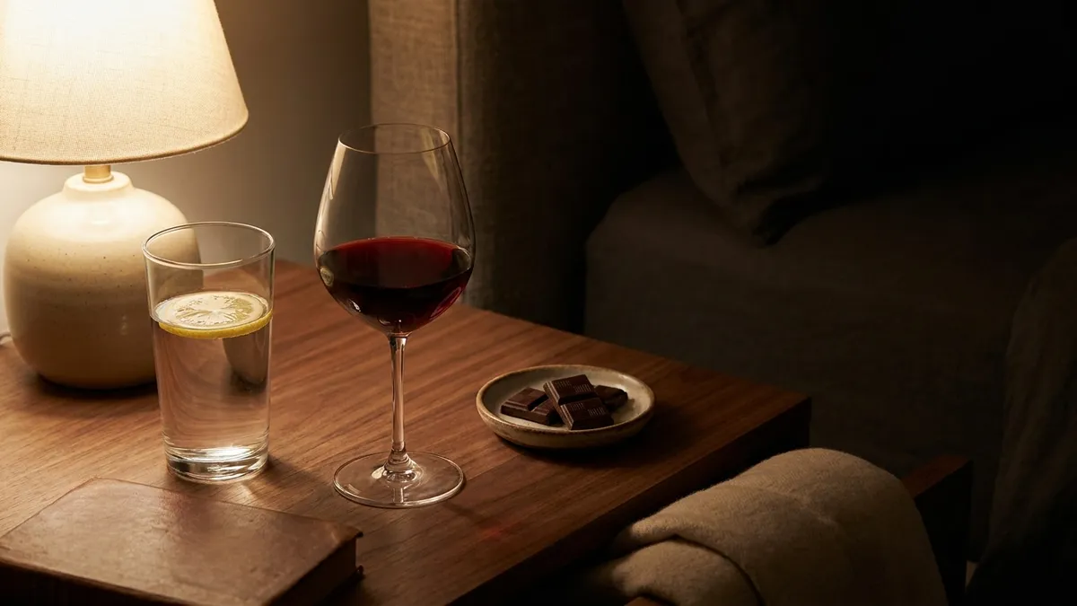 A glass of red wine beside a tall glass of water and a small plate of bread, illustrating that hydration and food are the most reliable defenses against a wine headache