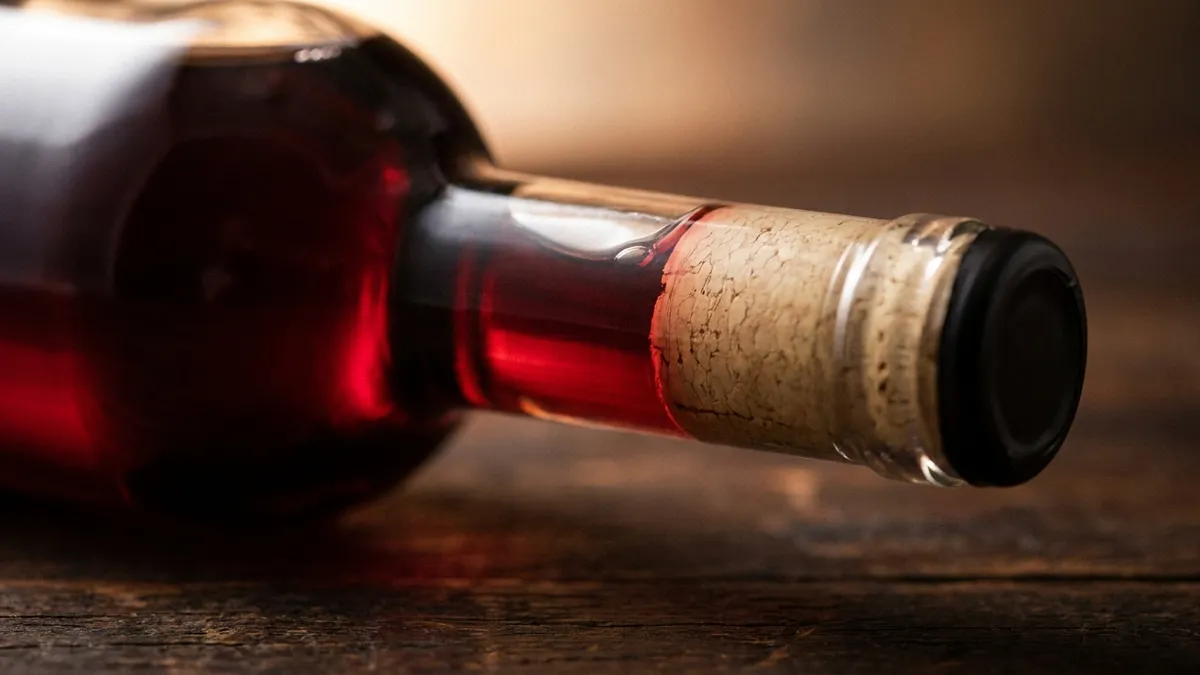 Macro view of a bottle neck lying on its side, red wine resting against the inner face of the natural cork with a small air bubble along the top of the neck